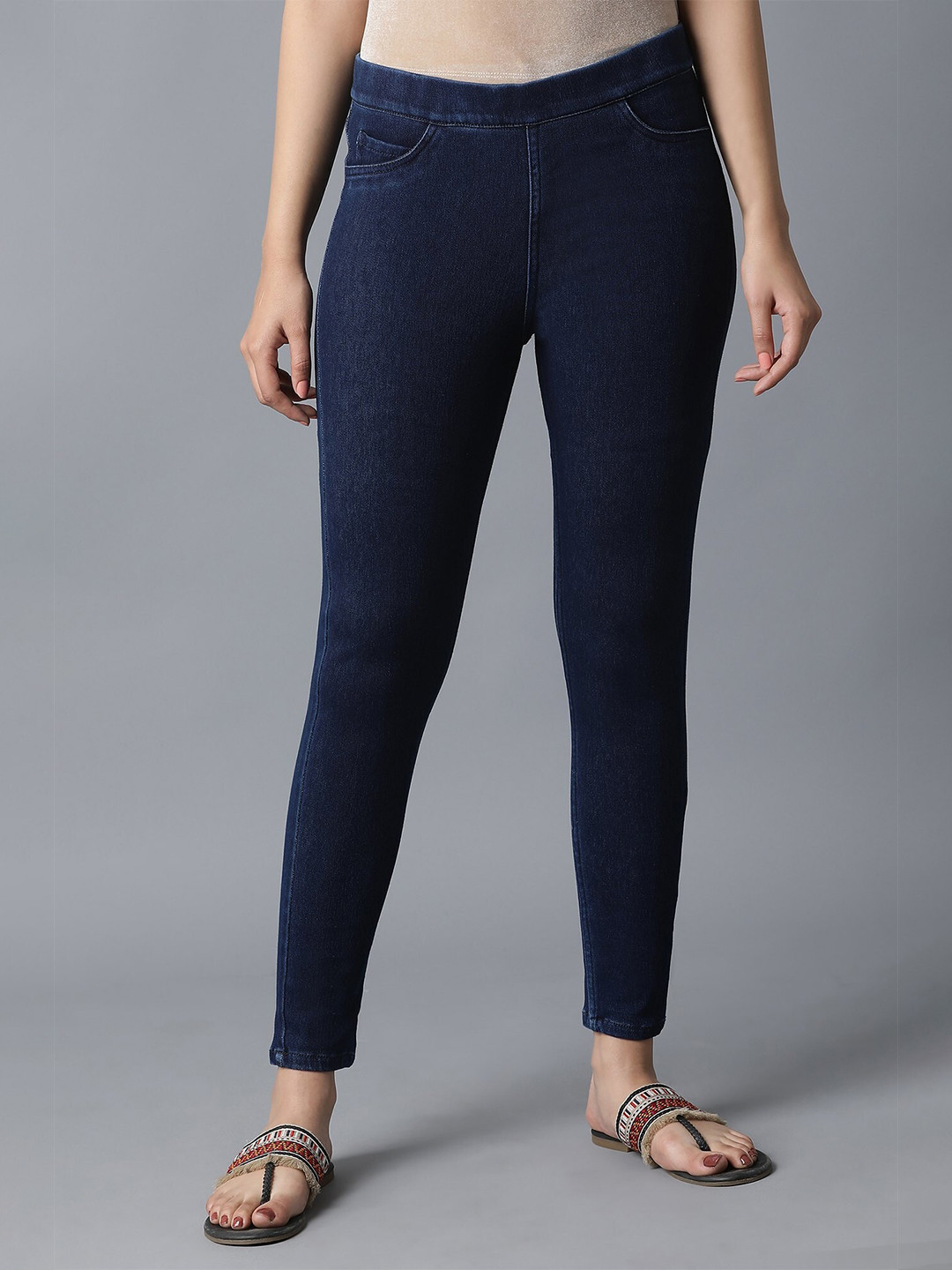 

W Women Navy Blue Solid Cotton Jeggings