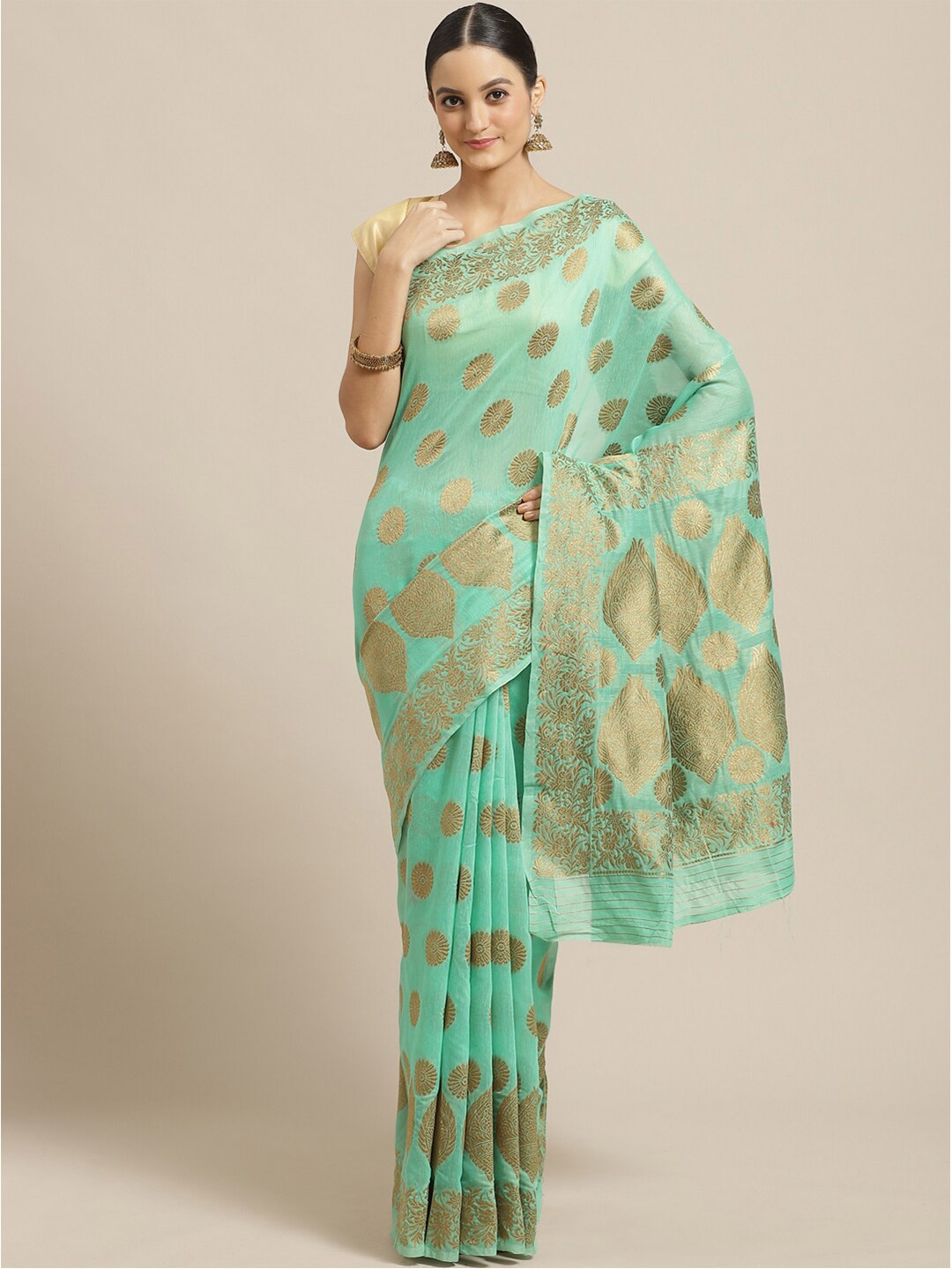 

Saree mall Sea Green Ethnic Motifs Zari Silk Blend Banarasi Sarees