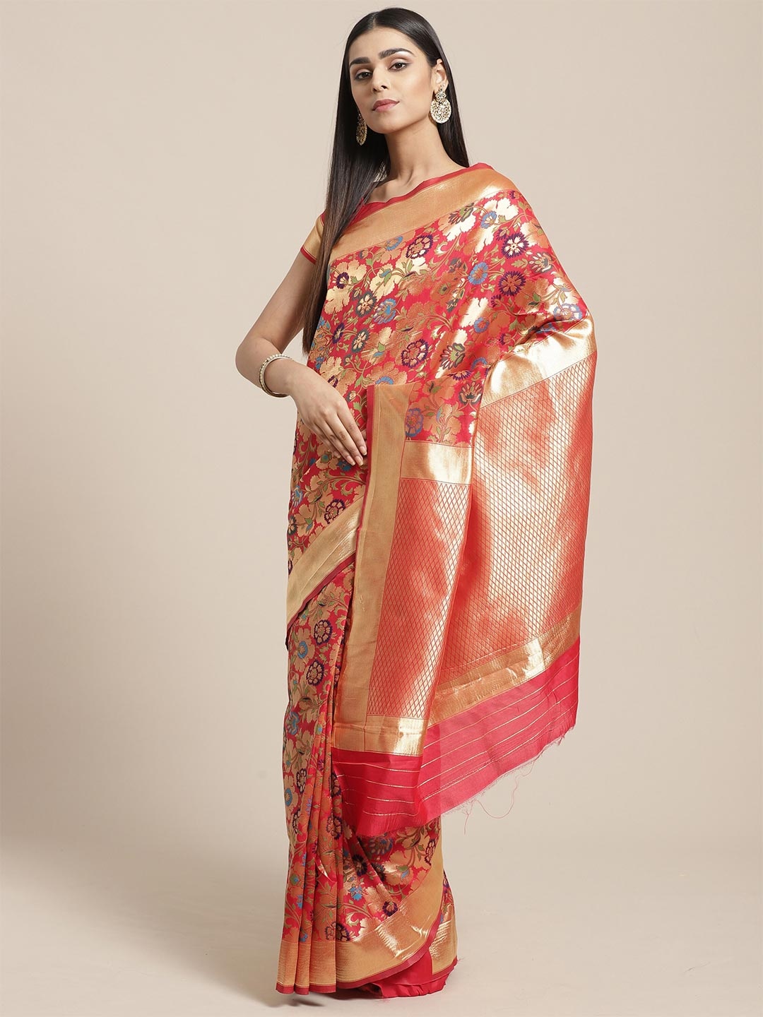 

Saree mall Red & Gold-Toned Floral Zari Silk Blend Sarees