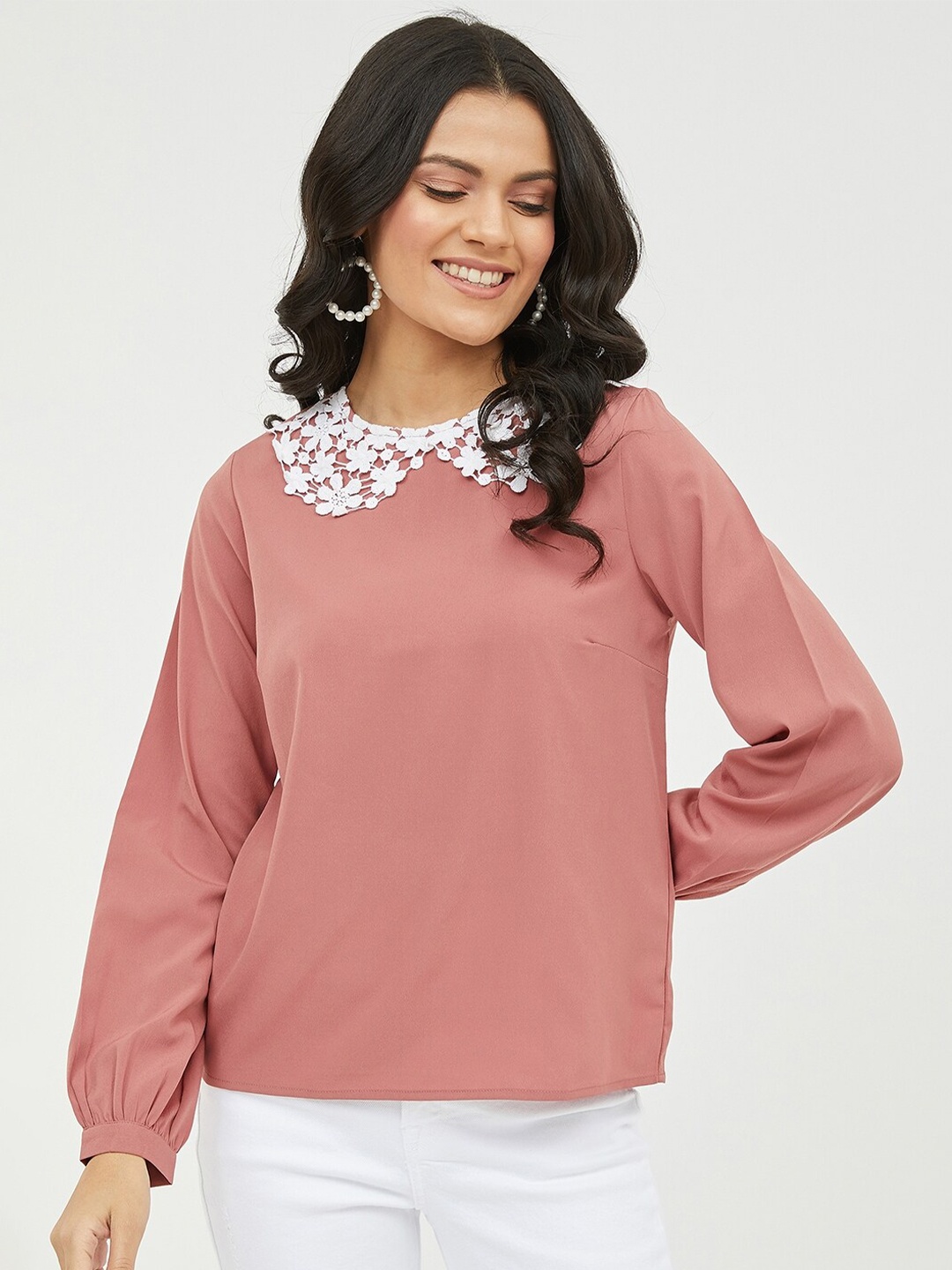 

Harpa Women Pink Peter Pan Collar Crepe Regular Top