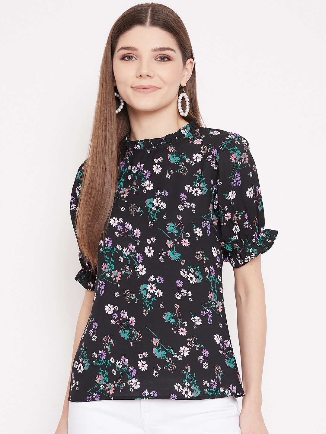 

Berrylush Women Black Floral Puff Sleeve Crepe Regular Top