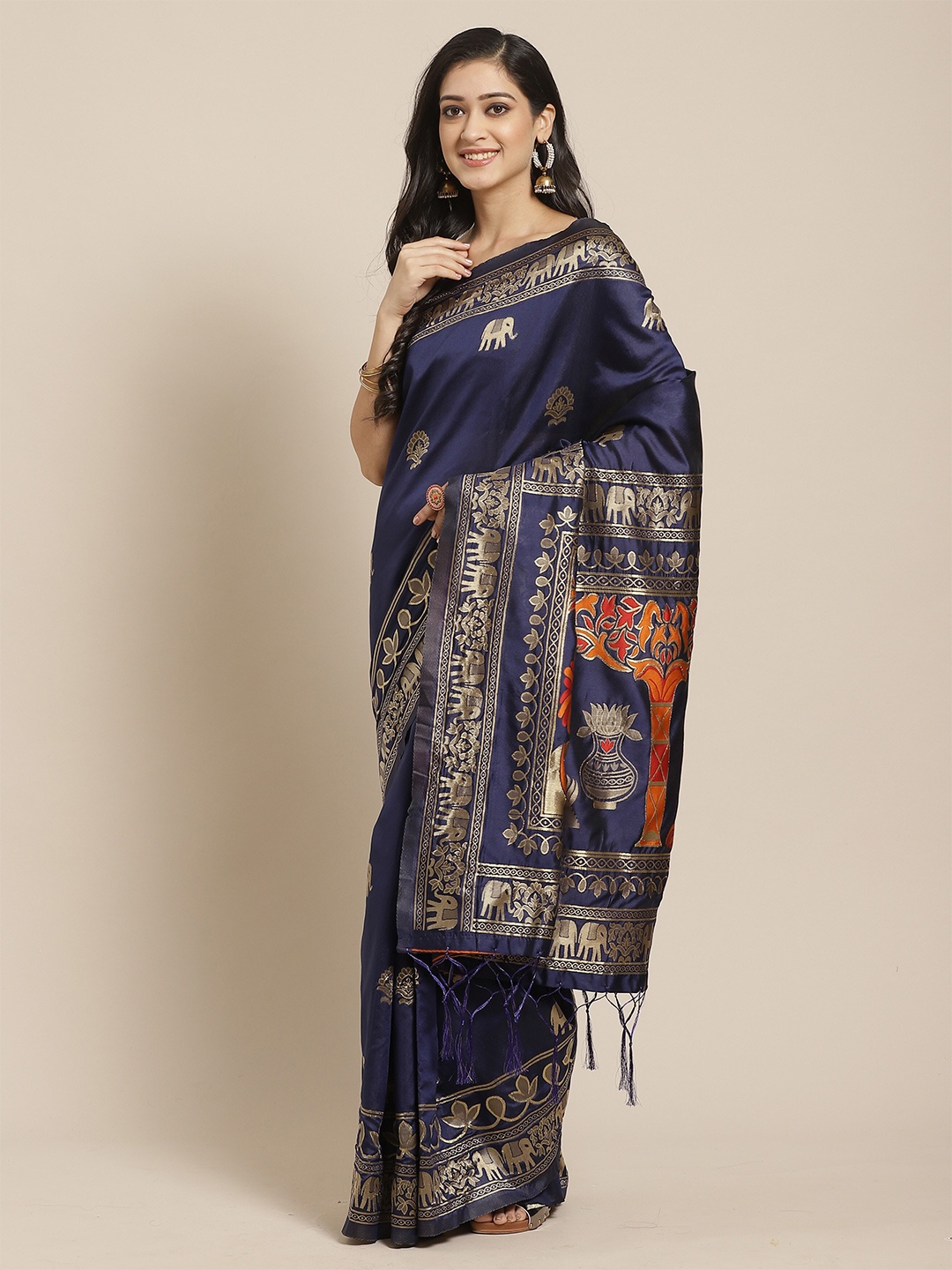 

Saree mall Navy Blue & Gold-Toned Woven Design Silk Blend Banarasi Sarees