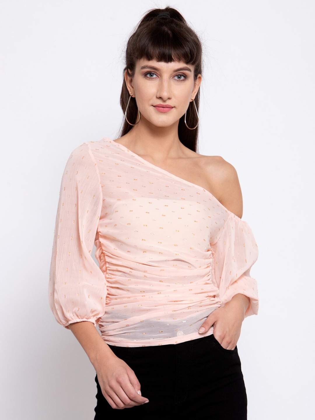 

iki chic Peach Embellished One Shoulder Puff Sleeve Chiffon Regular Top