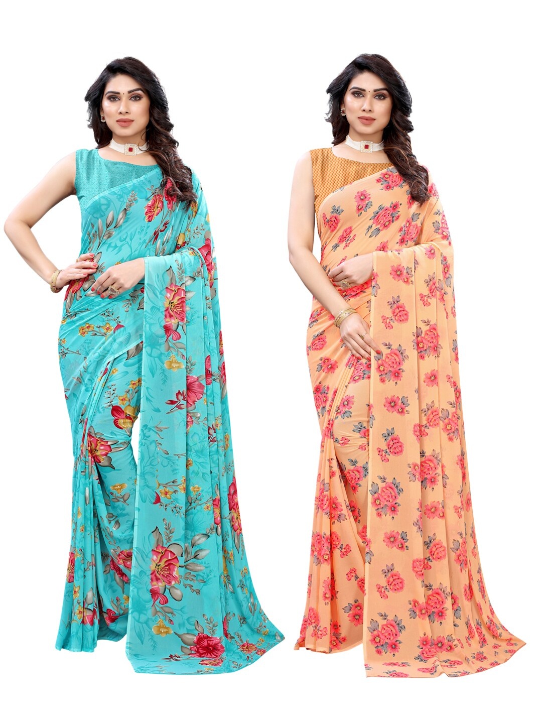 

KALINI Blue & Peach-Coloured Pack of 2 Floral Pure Georgette Sarees