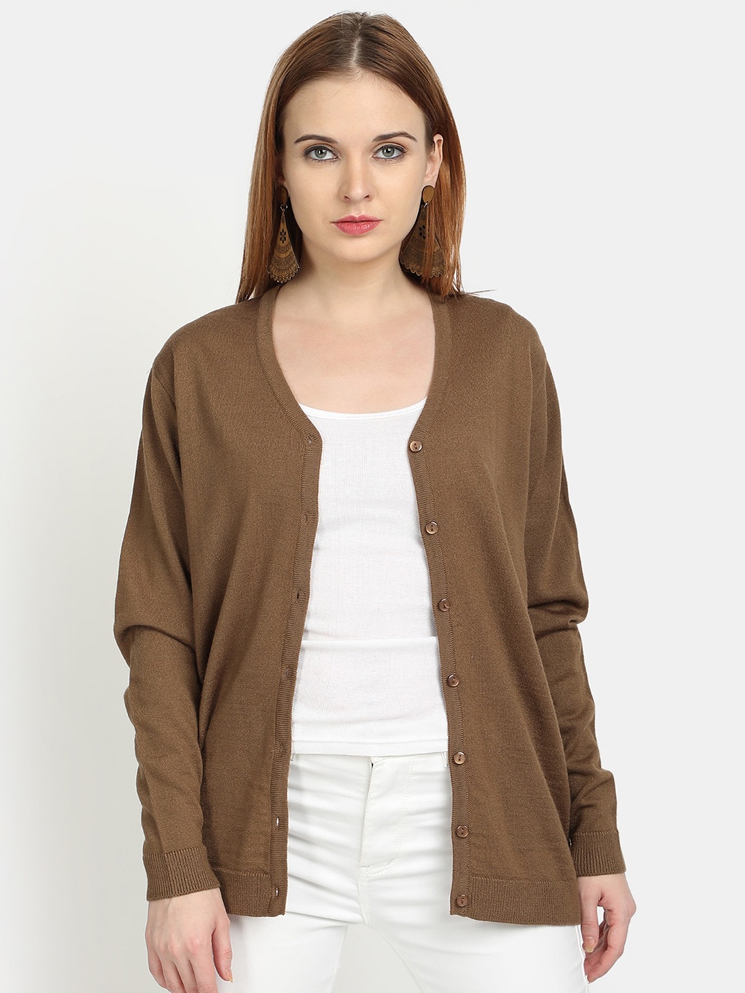

PICOT Women Brown V-Neck Buttoned Cardigan