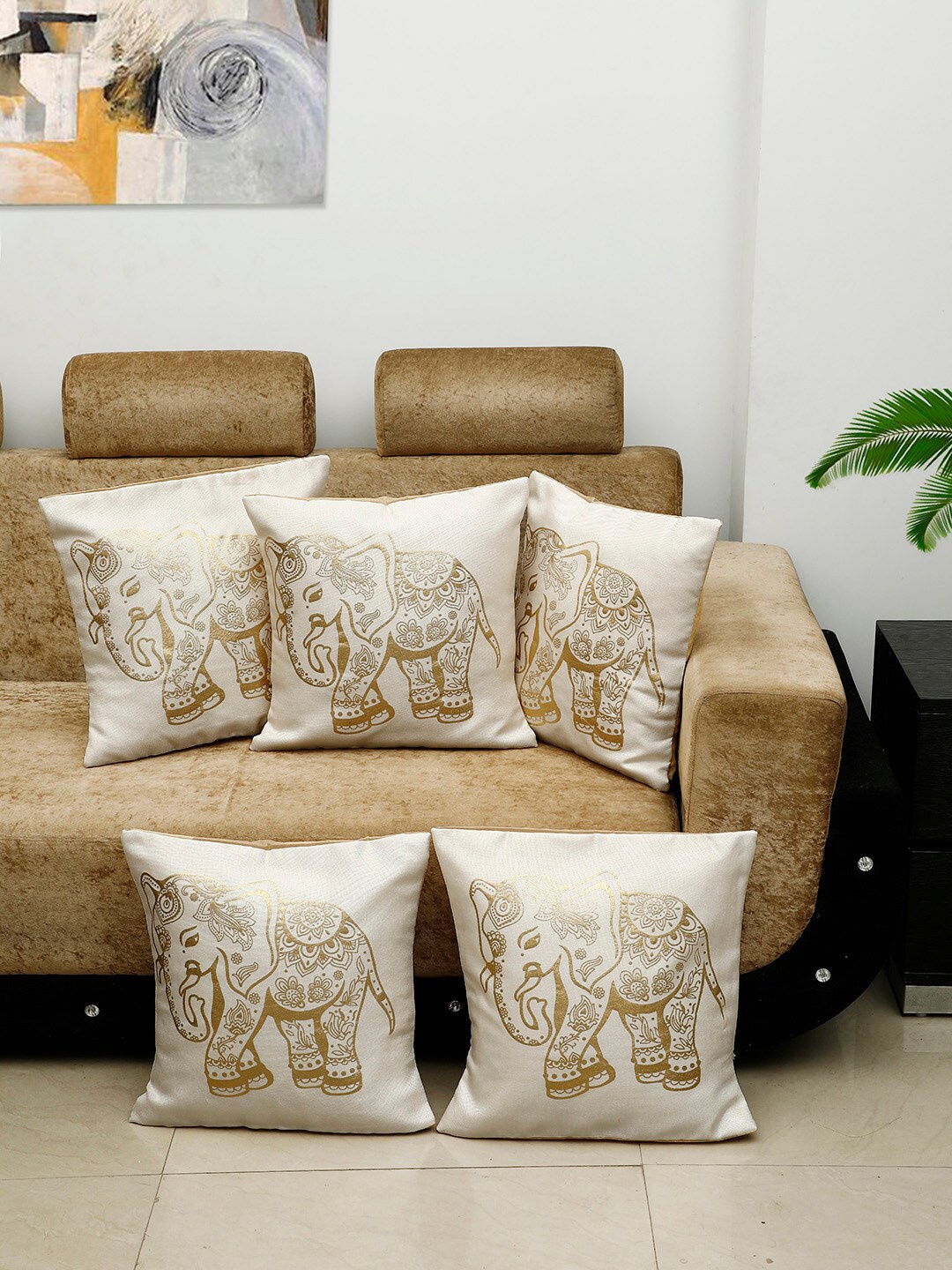 

HOSTA HOMES White & Gold-Toned Set of 5 Ethnic Motifs Square Cushion Covers