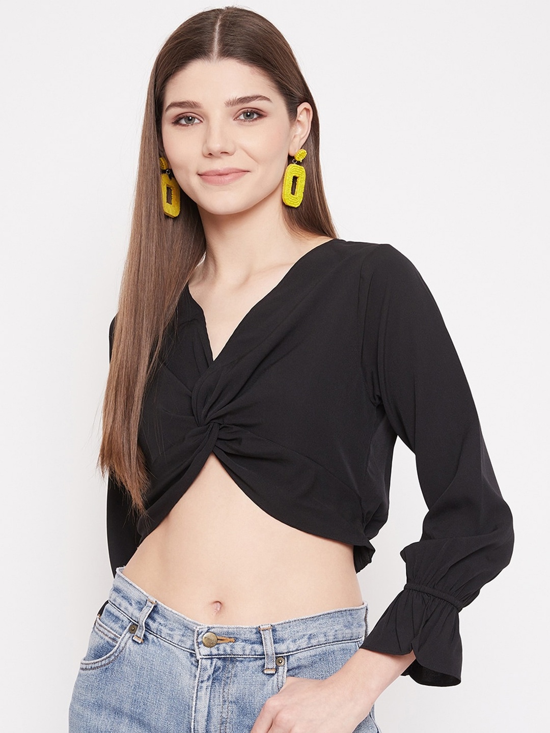 

Berrylush Women Black Crepe Wrap Black Front Twist Crop Top