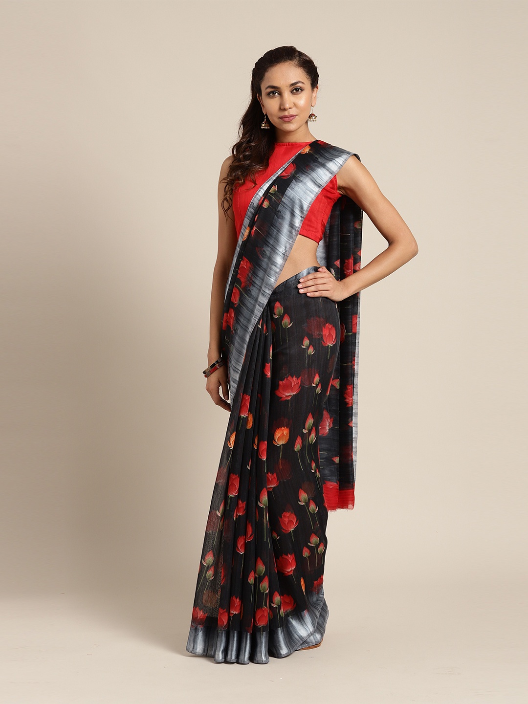 

Saree mall Black & Red Floral Sarees