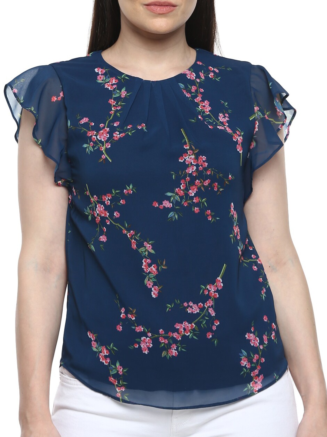

Phase Eight Navy Women Blue & Pink Floral Flutter Sleeve Pure Silk Regular Top, Navy blue
