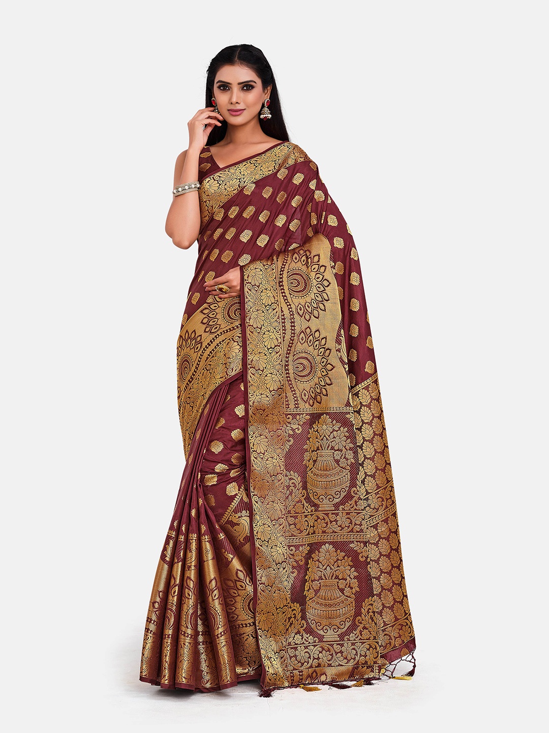 

MIMOSA Maroon & Gold-Toned Woven Design Zari Art Silk Kanjeevaram Saree