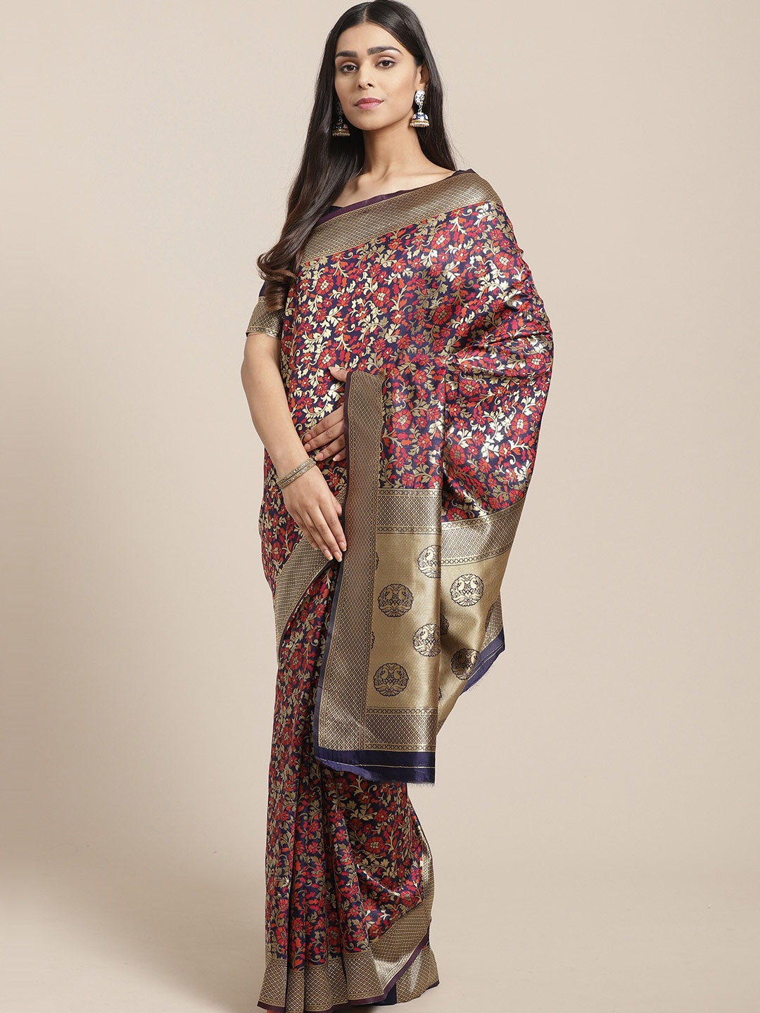 

Saree mall Navy Blue & Red Floral Silk Blend Banarasi Sarees