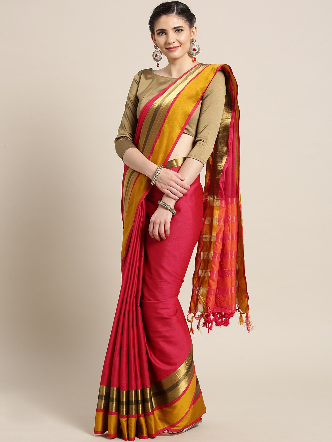 

Saree mall Red & Mustard Zari Silk Cotton Sarees