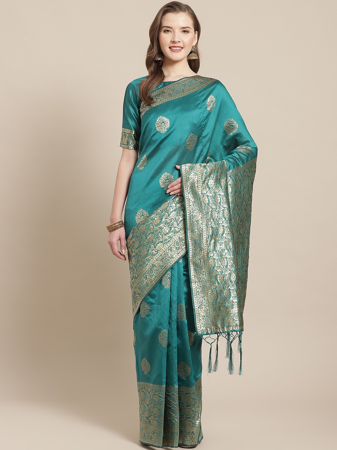 Saree mall Teal Ethnic Motifs Zari Silk Blend Banarasi Sarees
