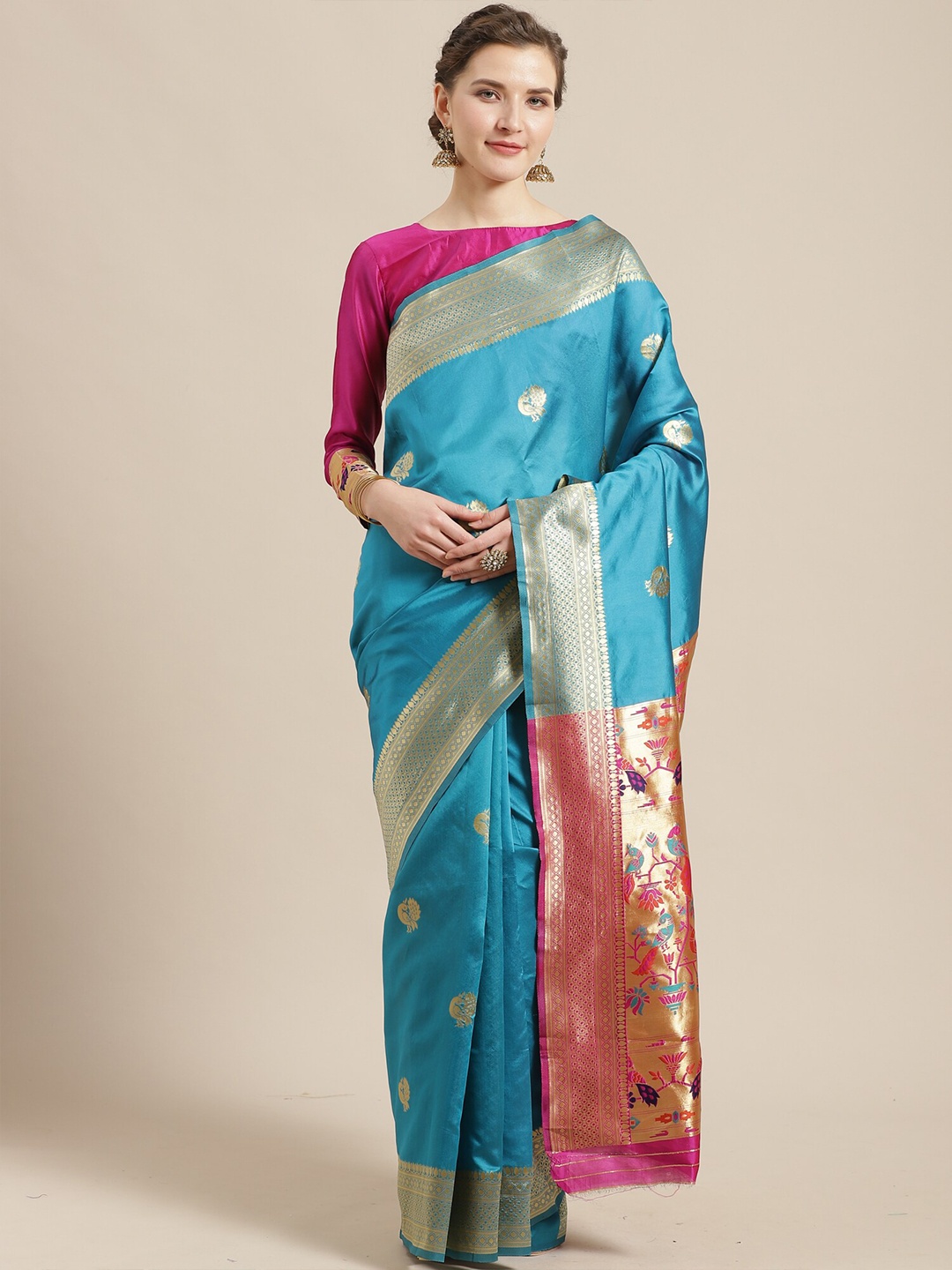 

Saree mall Blue & Turquoise Blue Woven Design Silk Blend Banarasi Sarees