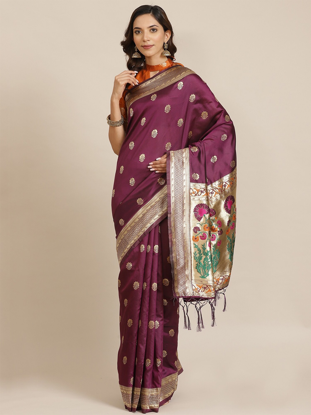 

Saree mall Burgundy Ethnic Motifs Zari Silk Blend Banarasi Sarees