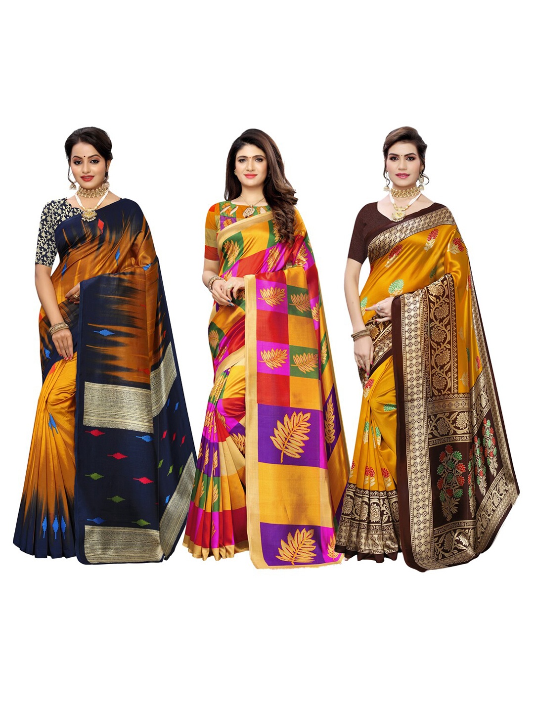

KALINI Pack of 3 Poly Silk Saree, Navy blue