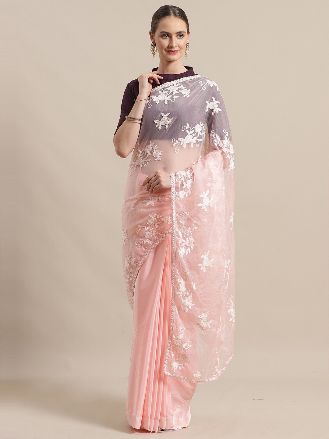 

Saree mall Peach & White Floral Embroidered Organza Sarees