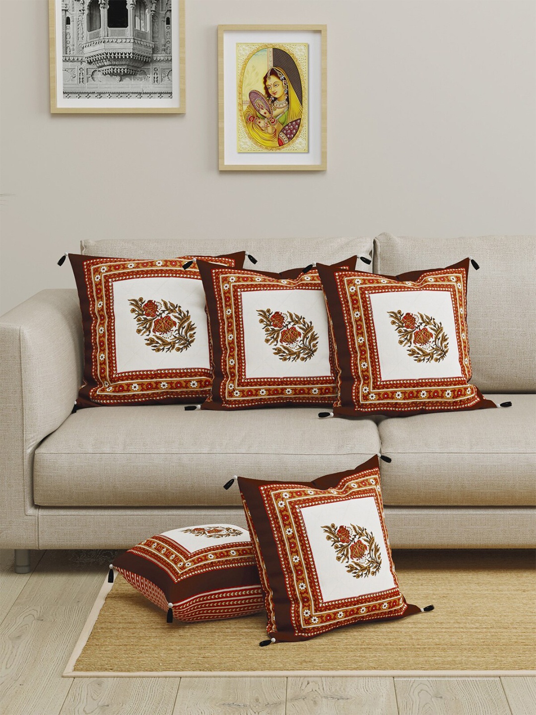 

LIVING ROOTS Cream & Rust Set of 5 Ethnic Motifs Square Cushion Covers