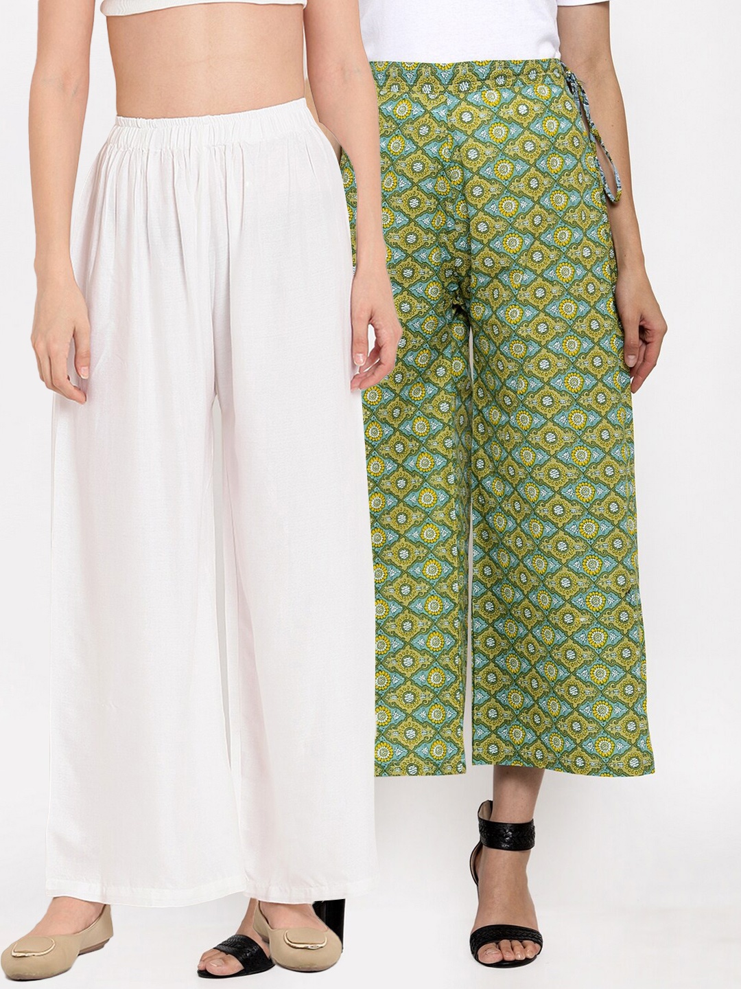 

TAG 7 Women Pack of 2 White & Green Flared Palazzos