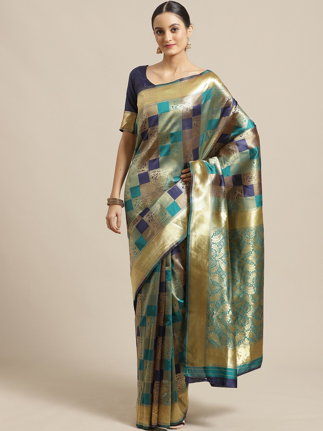 

Saree mall Teal & Navy Blue Woven Design Zari Silk Blend Banarasi Sarees