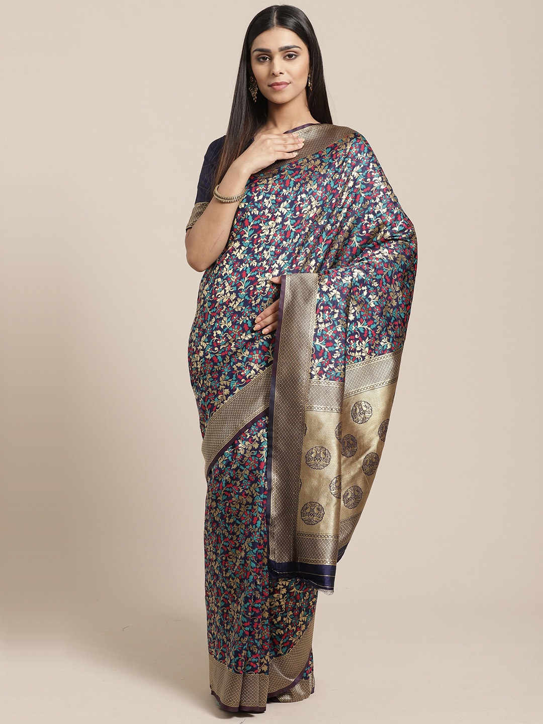 

Saree mall Navy Blue & Gold-Toned Floral Silk Blend Sarees