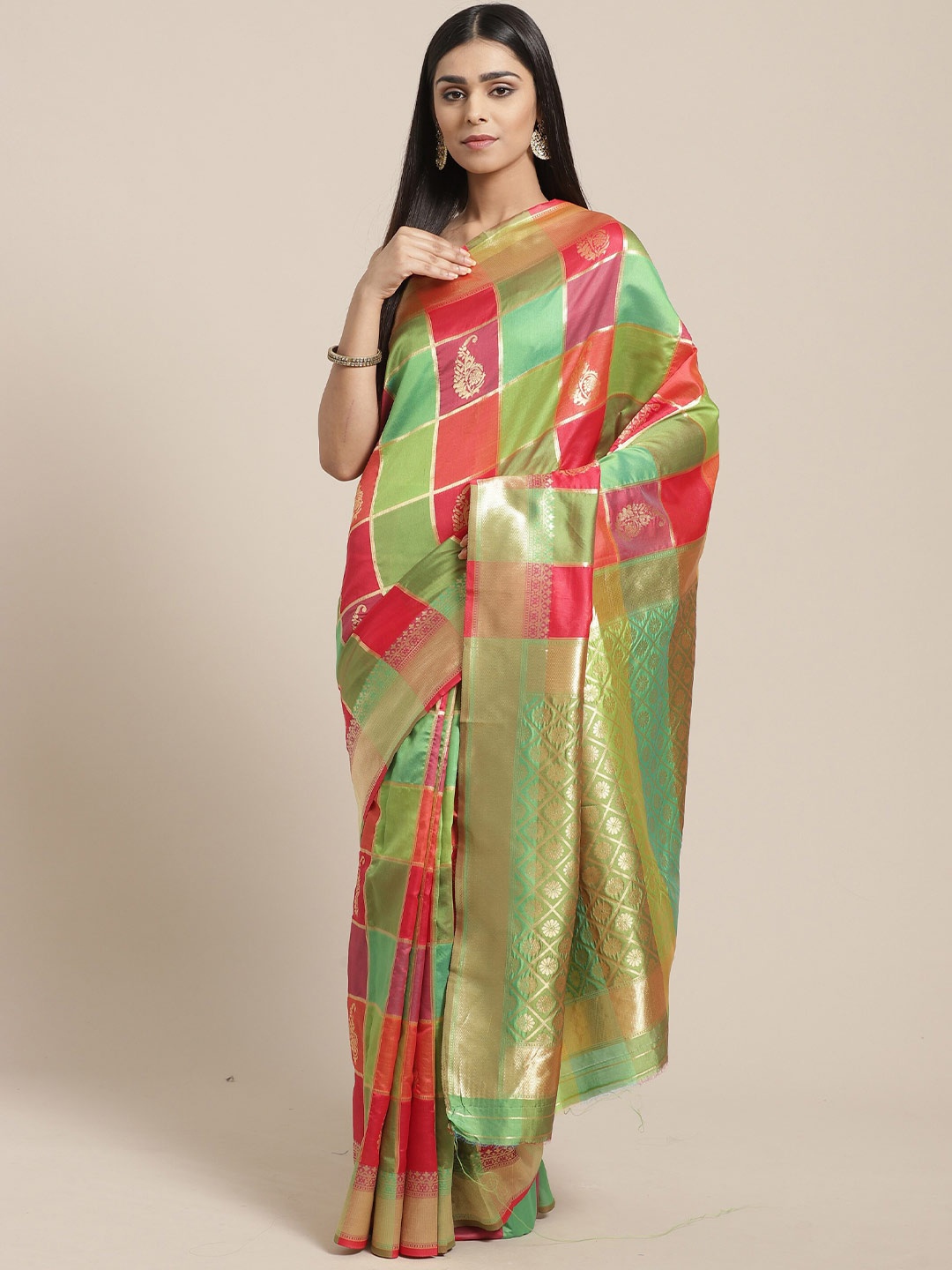 

Saree mall Red & Green Checked Silk Blend Sarees