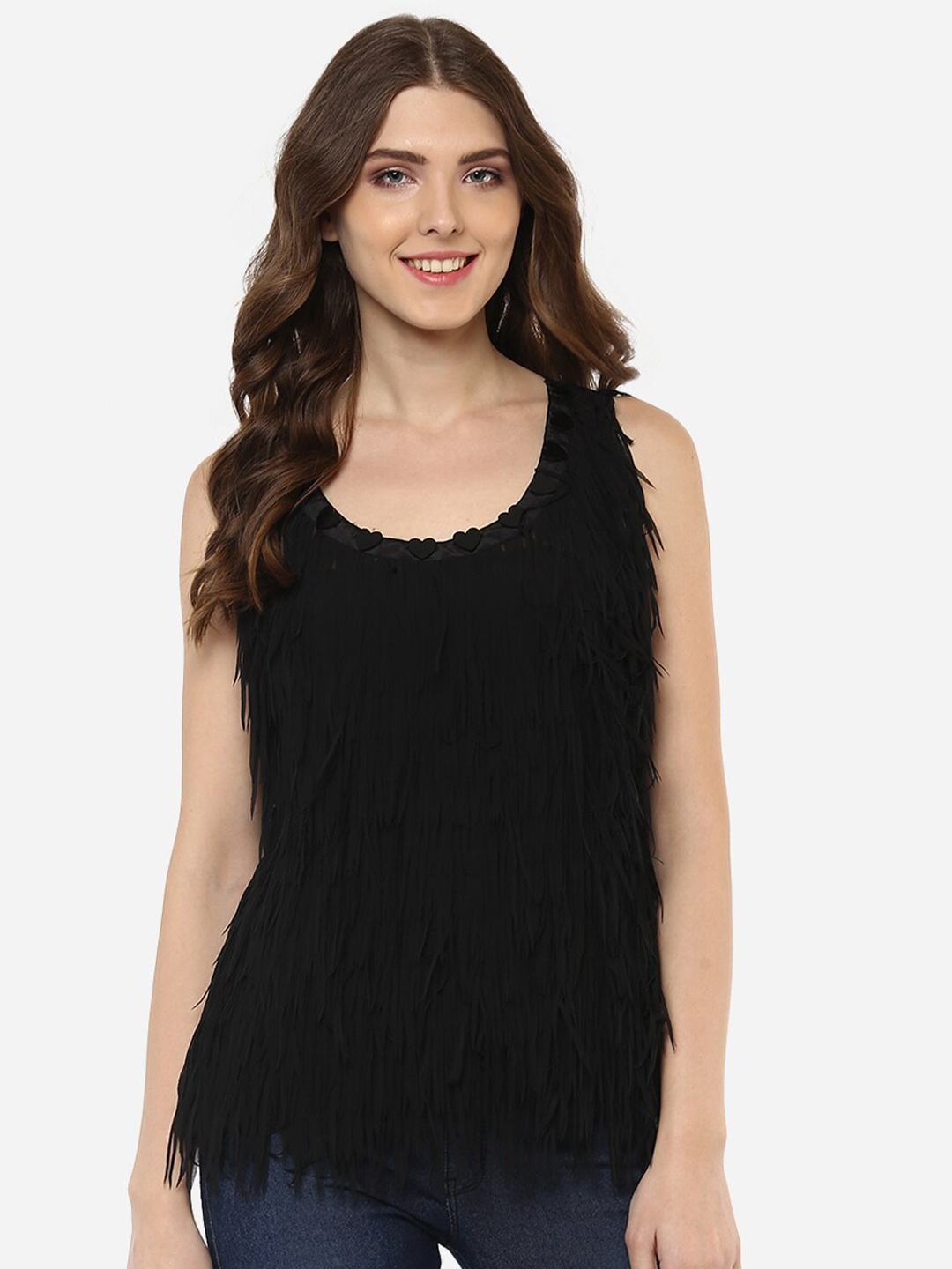 

Porsorte Women Black Embellished Regular Top