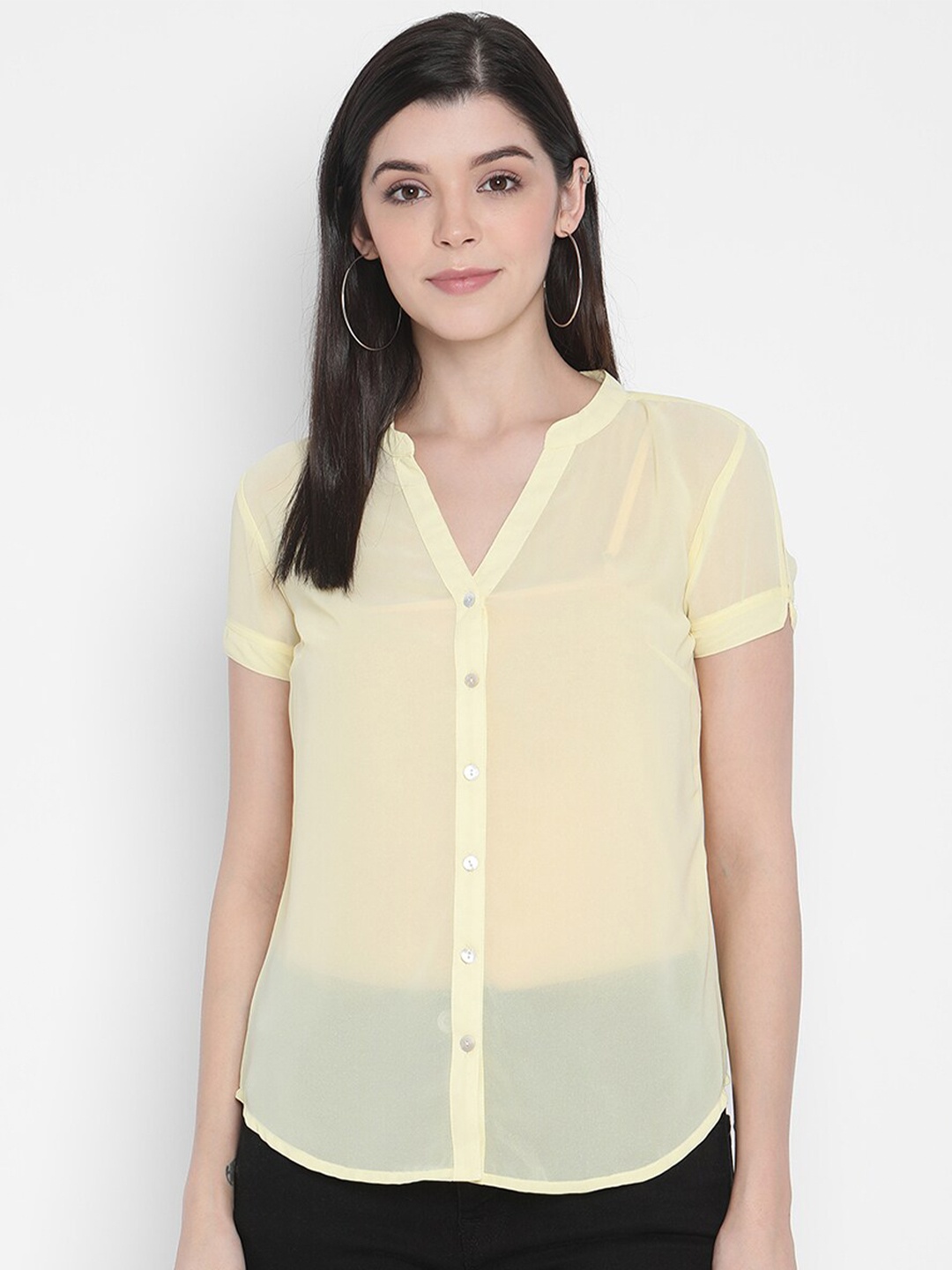 

Porsorte Yellow Mandarin Collar Georgette Shirt Style Top