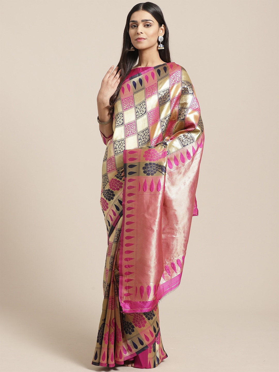 

Saree mall Pink & Navy Blue Warli Zari Silk Blend Banarasi Sarees