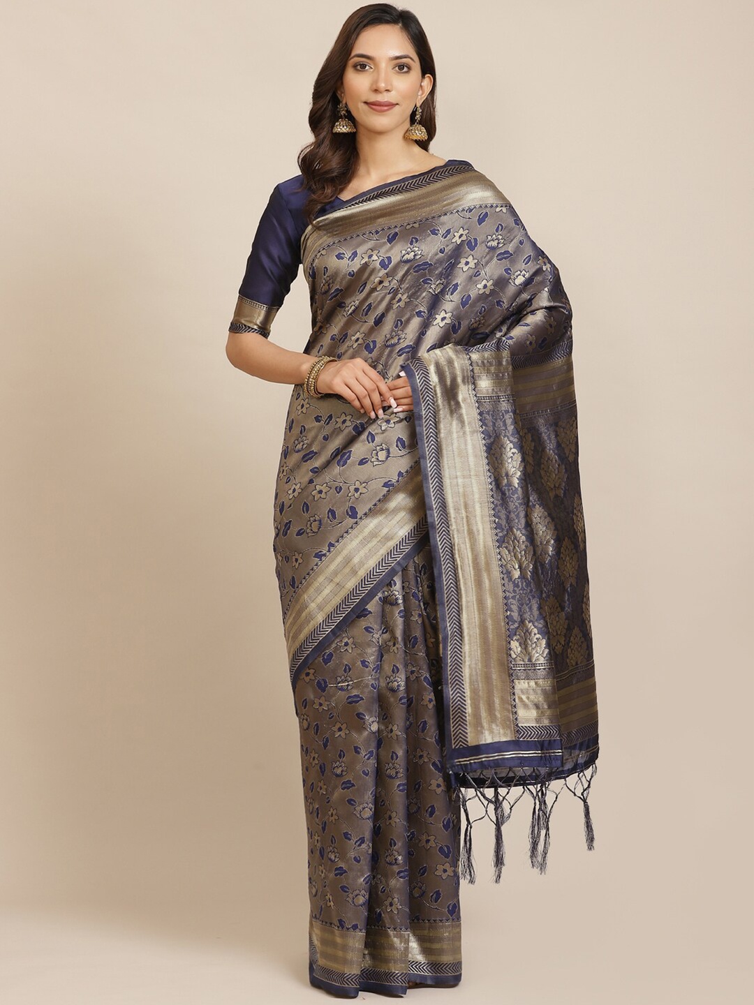 

Saree mall Navy Blue & Gold-Toned Floral Silk Blend Banarasi Sarees