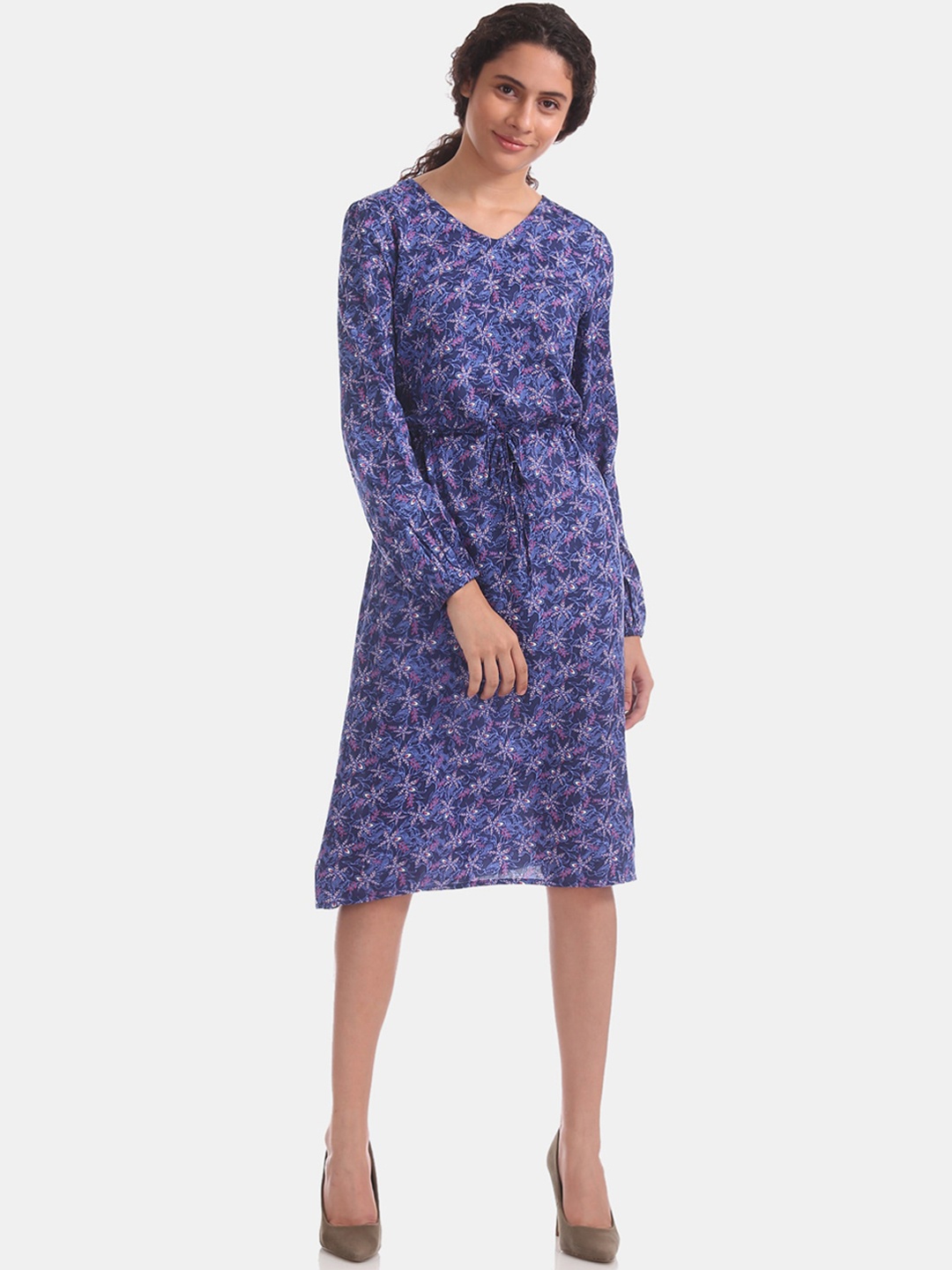 

U S Polo Assn Blue Printed Ethnic Motifs Dress with Gathered Detail