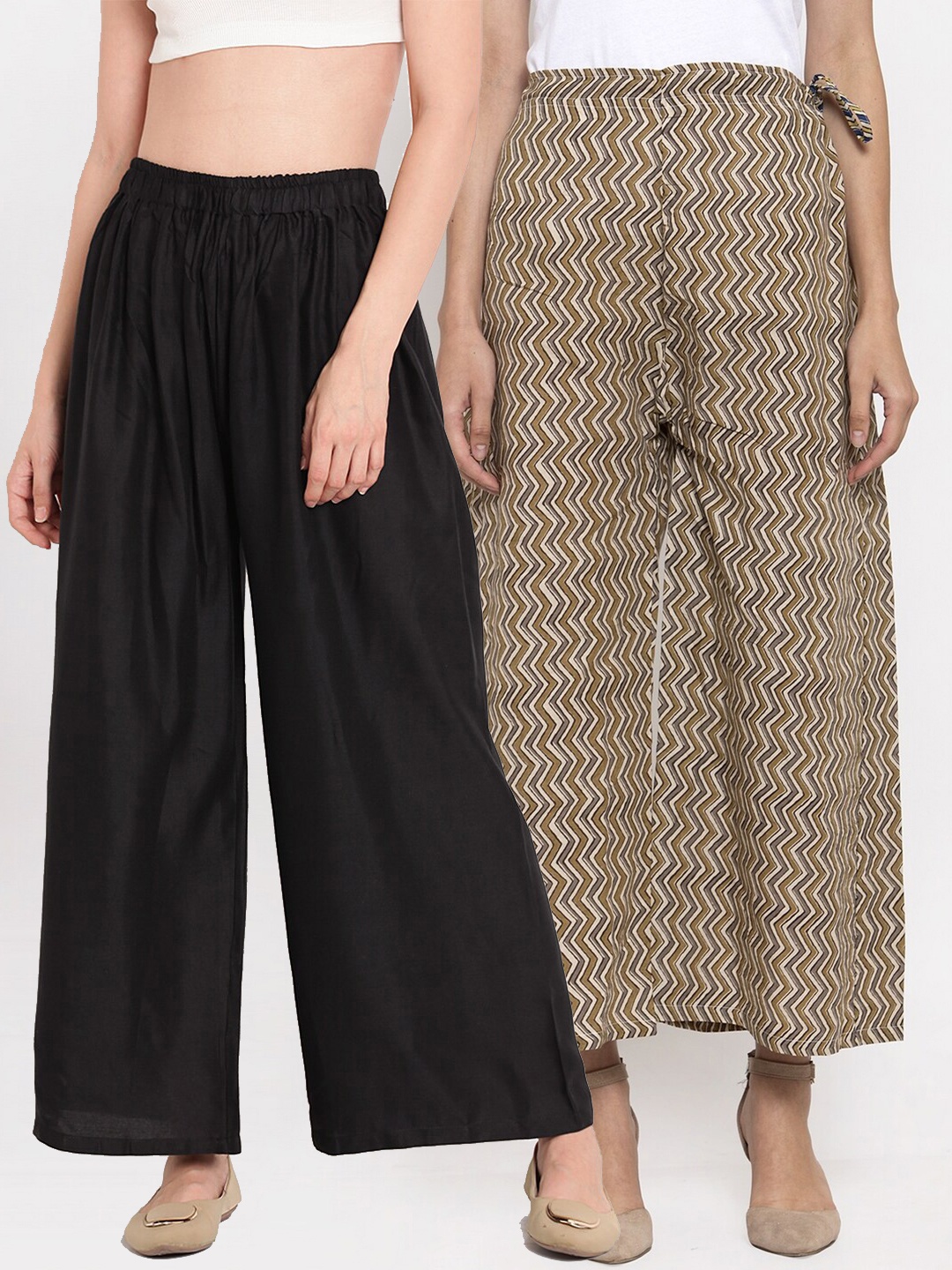 

TAG 7 Women Set of 2 Black & Taupe Ethnic Palazzos
