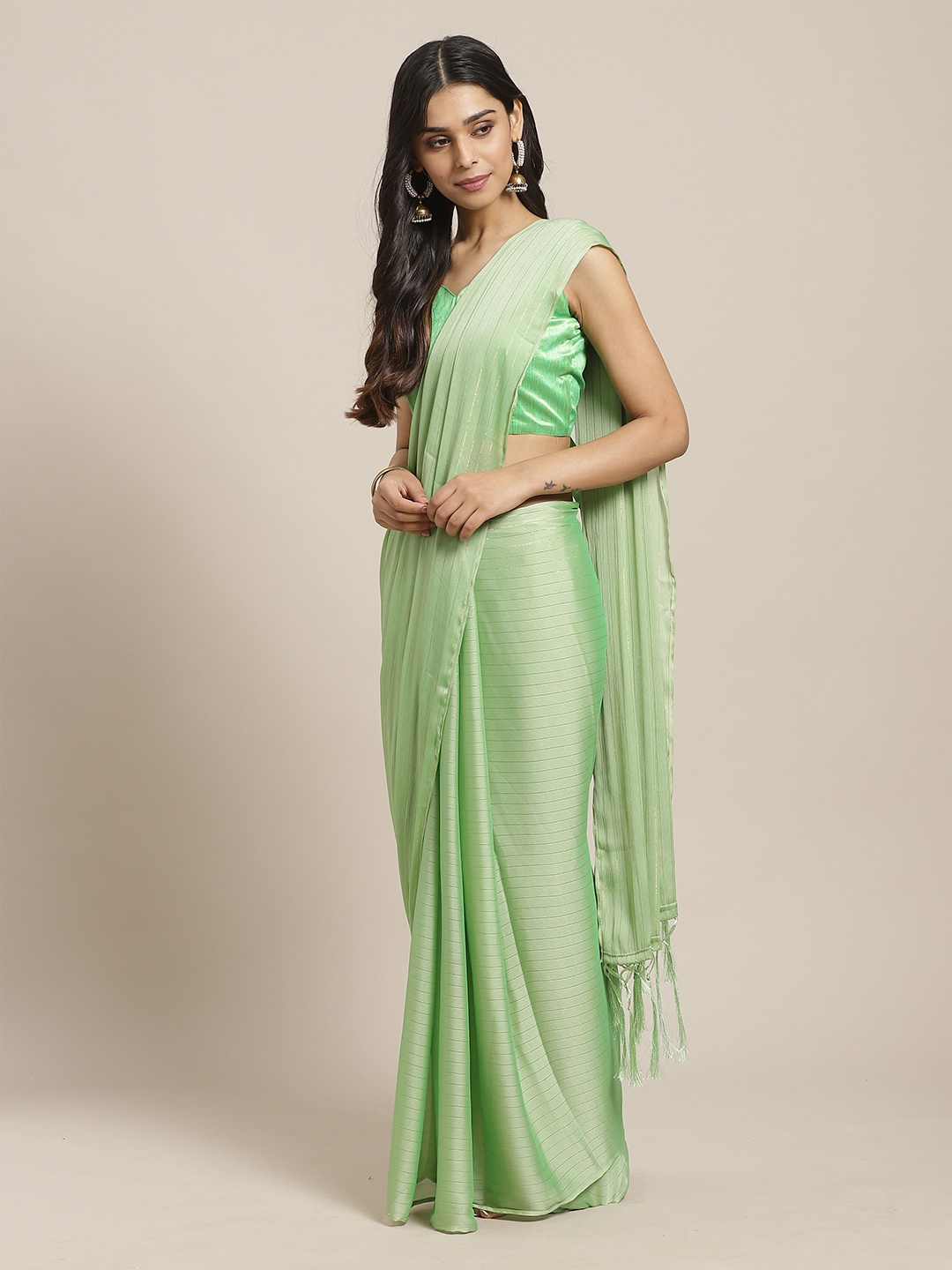 

Saree mall Green & Gold-Toned Striped Sarees