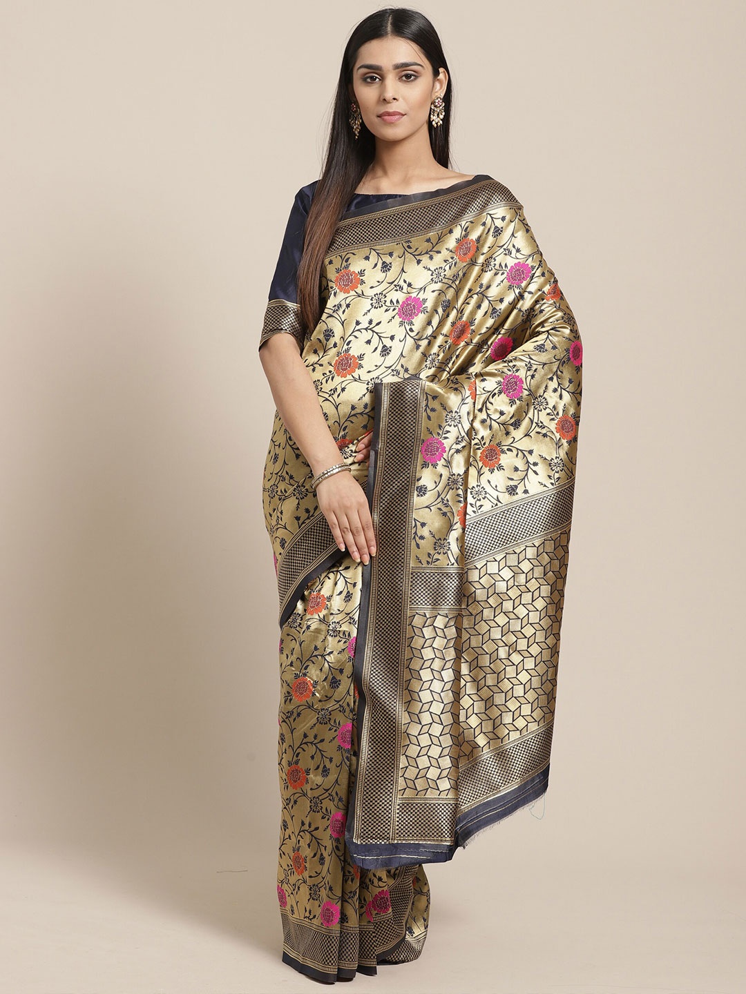 

Saree mall Navy Blue & Gold-Toned Woven Design Silk Blend Sarees
