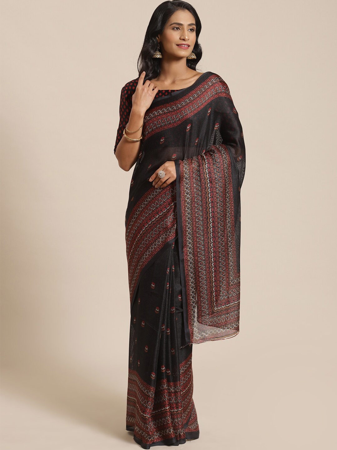 Saree mall Black & Red Ethnic Motifs Jute Silk Sarees