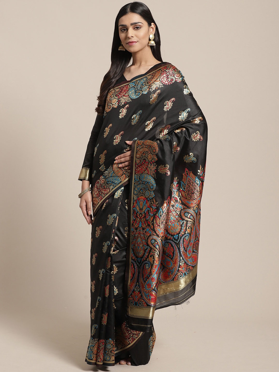 

Saree mall Black & Gold-Toned Paisley Silk Blend Sarees