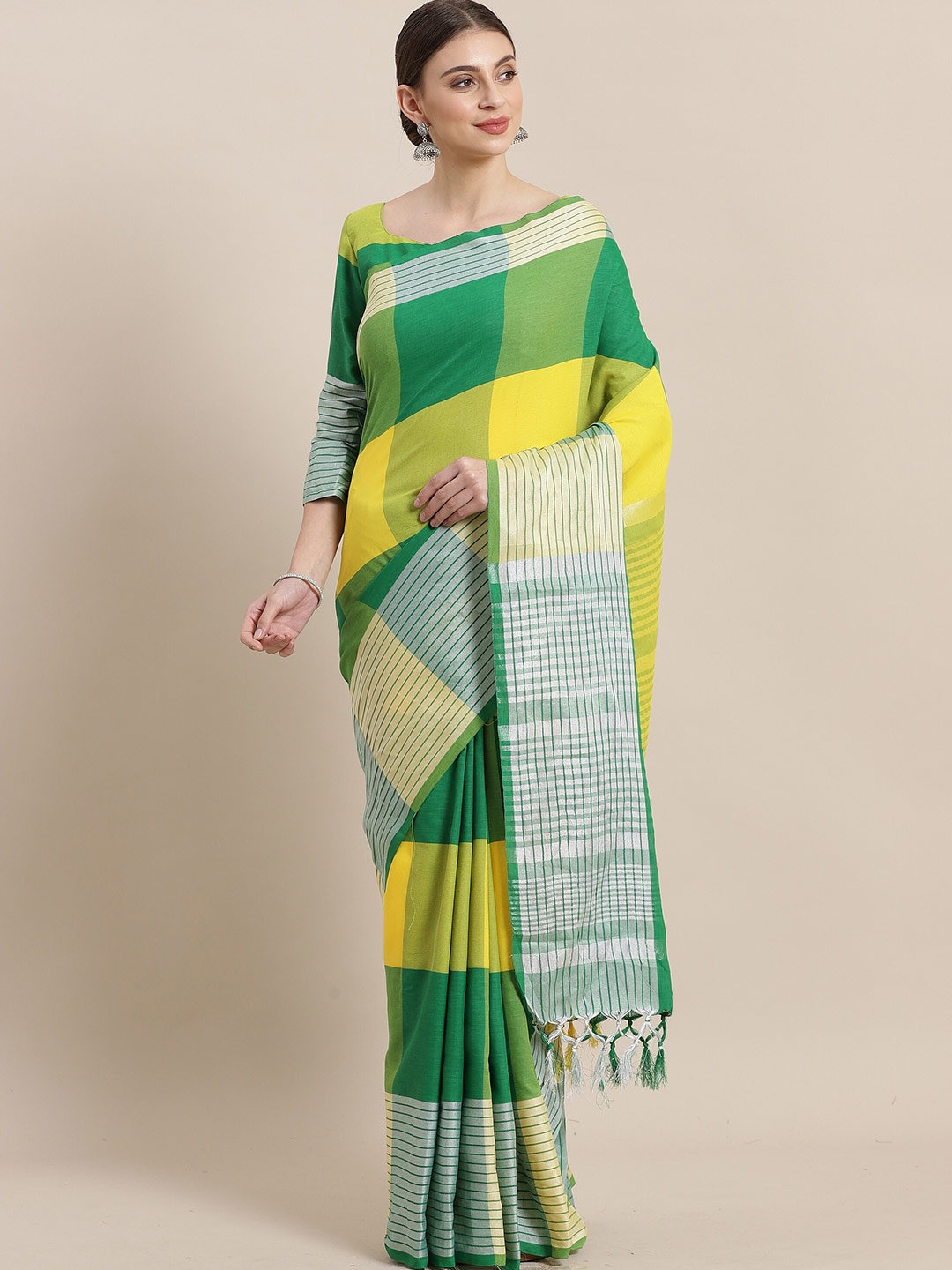 Saree mall Green & Yellow Checked Silk Cotton Saree