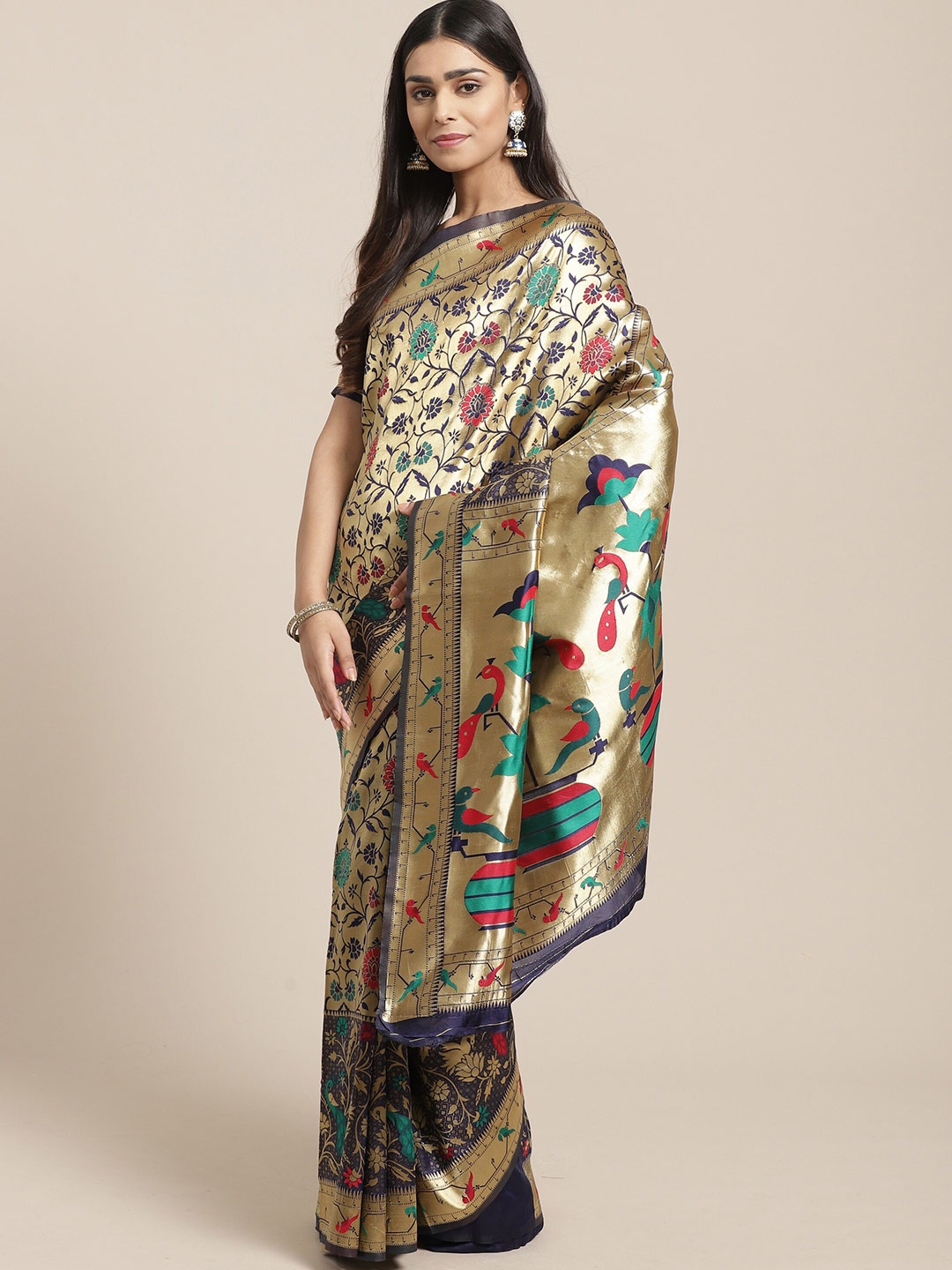 

Saree mall Navy Blue & Gold-Toned Woven Design Zari Silk Blend Sarees