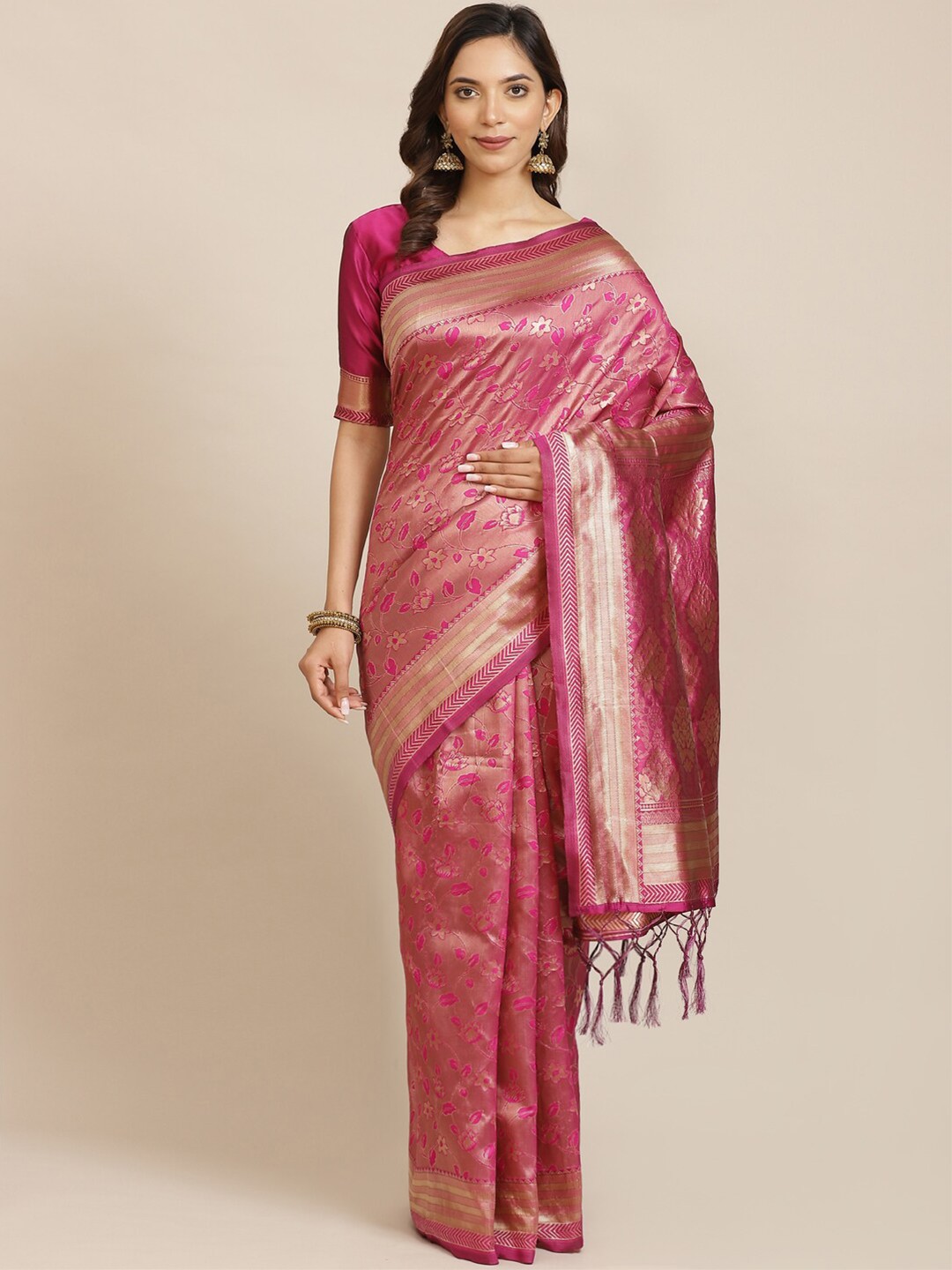 

Saree mall Pink & Gold-Toned Floral Silk Blend Banarasi Sarees