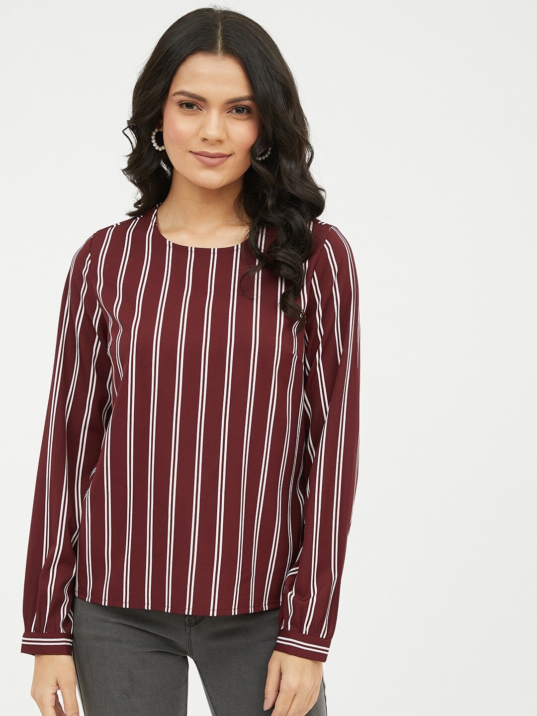 

Harpa Maroon Striped Crepe Regular Top