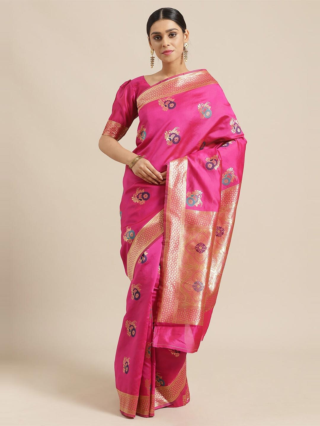 Saree mall Pink & Navy Blue Ethnic Motifs Silk Blend Sarees
