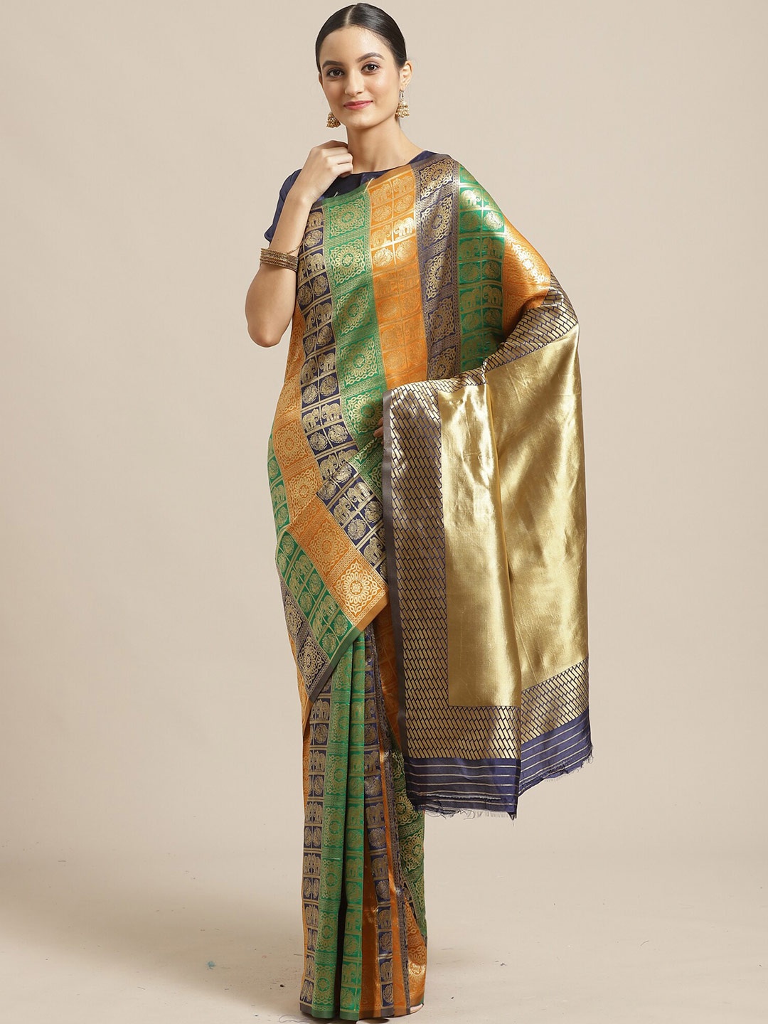 

Saree mall Blue & Green Woven Design Silk Blend Banarasi Sarees