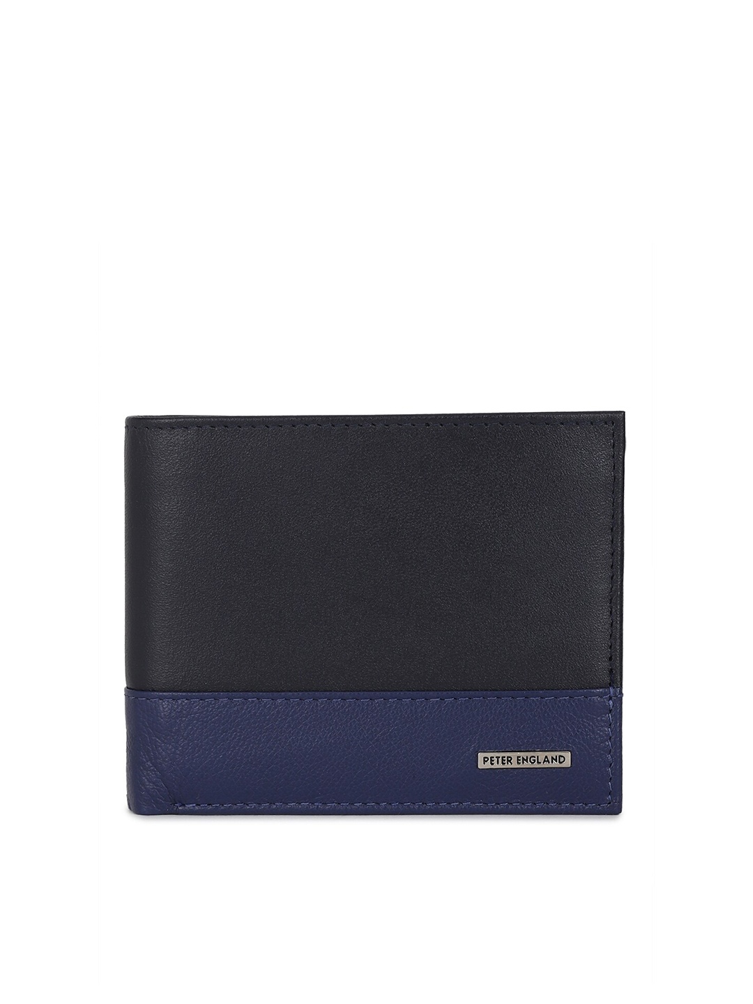 

Peter England Men Navy Blue & Black Colourblocked Textured Leather Two Fold Wallet