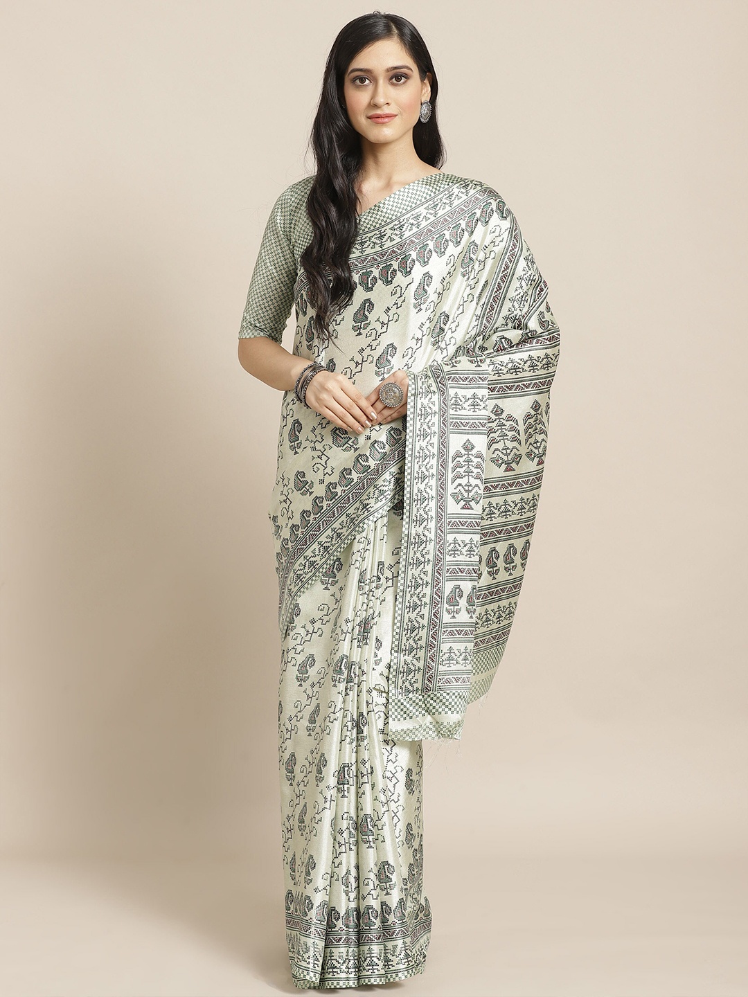 

Saree mall Off White & Green Silk Blend Sarees