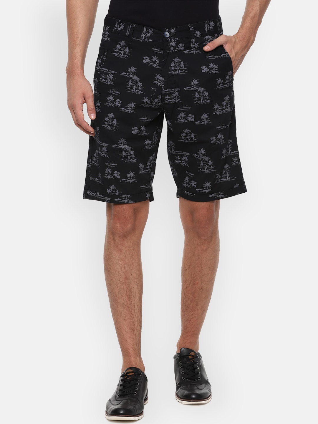 

Louis Philippe Sport Men Black & Grey Tropical Printed Mid-Rise Regular Shorts