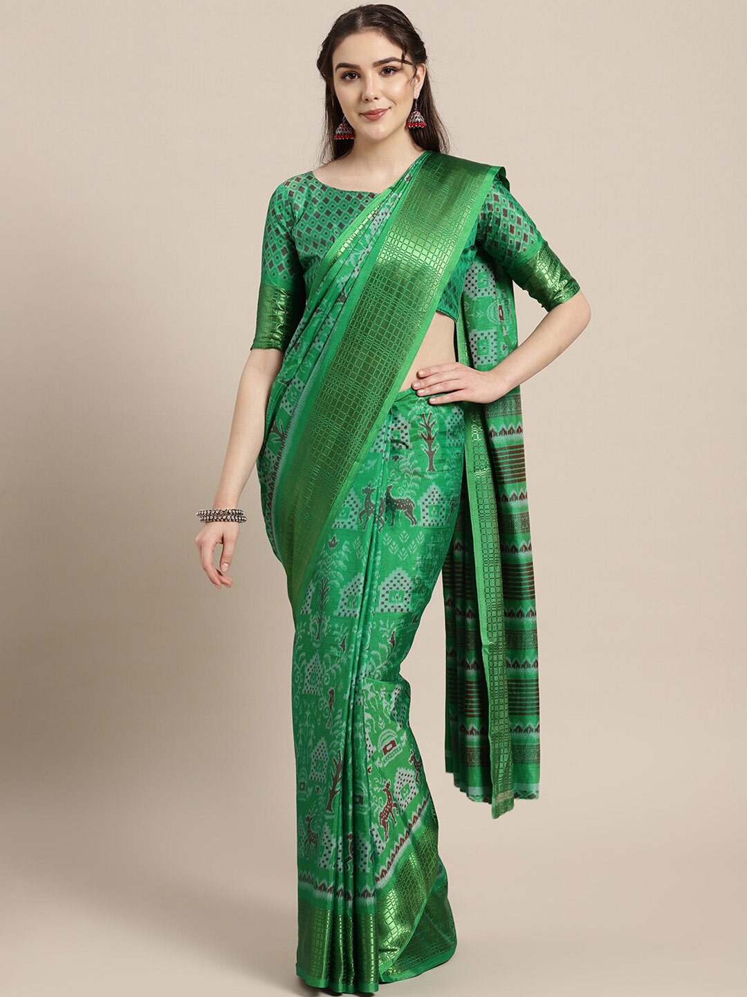 

Saree mall Green & Brown Ethnic Motifs Silk Blend Sarees