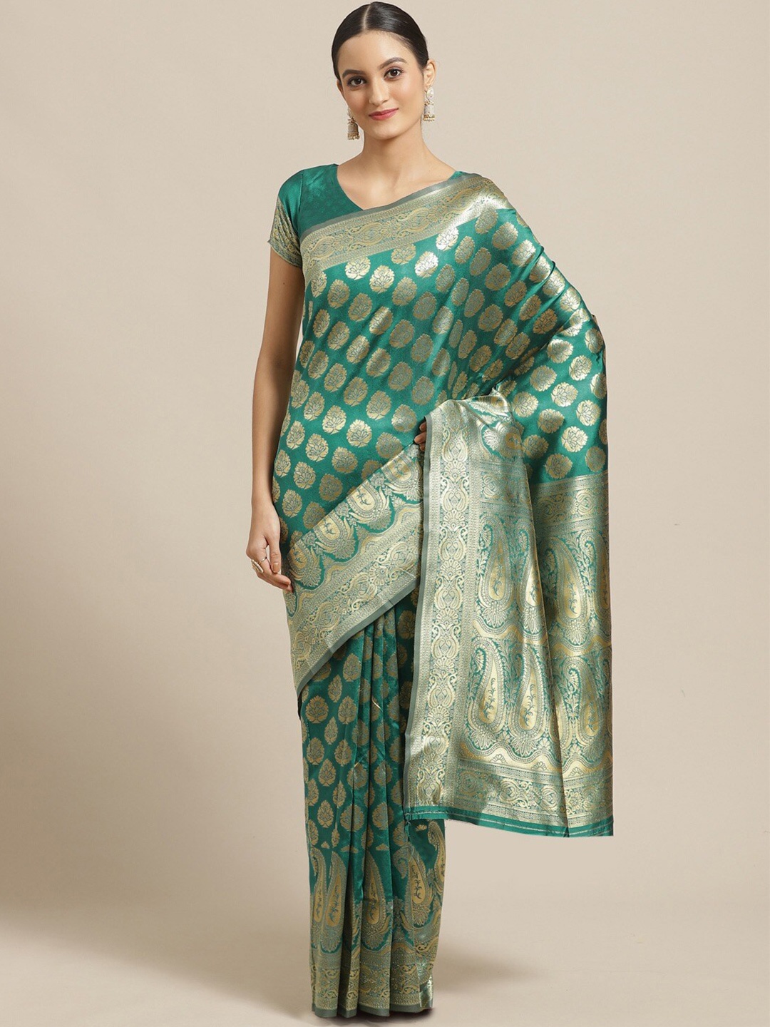 

Saree mall Teal & Gold-Toned Ethnic Motifs Zari Silk Blend Banarasi Sarees