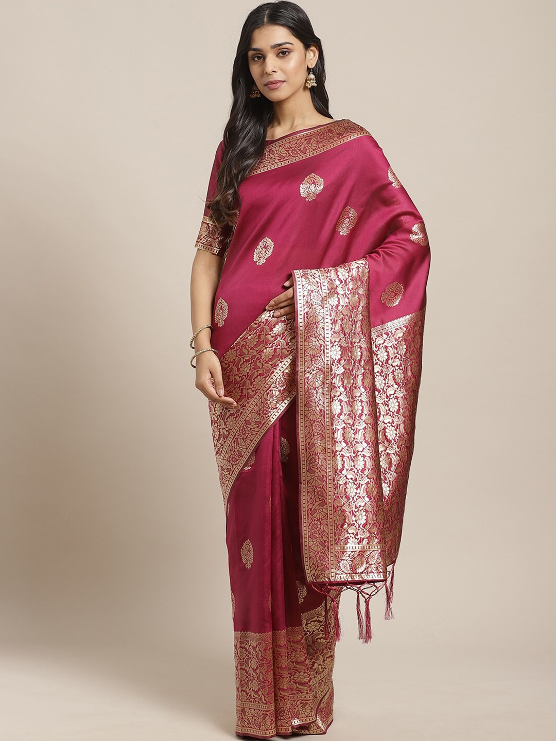 

Saree mall Magenta & Gold-Toned Woven Design Silk Blend Banarasi Sarees