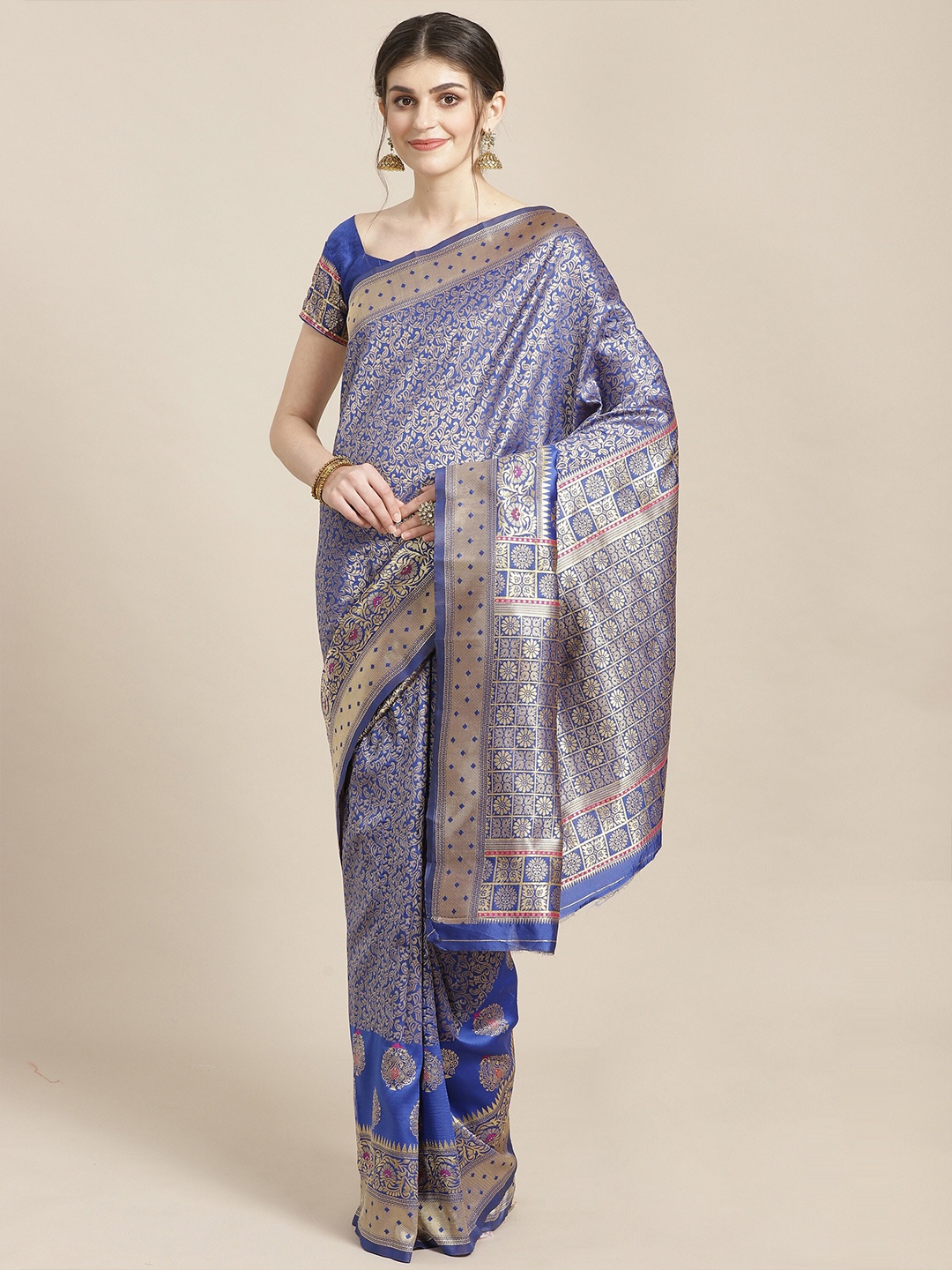 

Saree mall Blue & Gold-Toned Ethnic Motifs Silk Blend Sarees