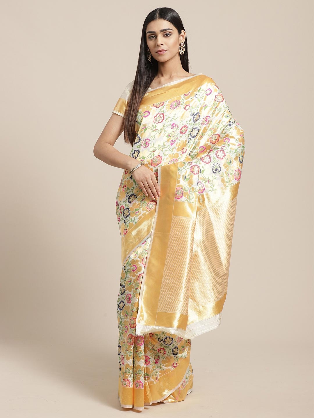 

Saree mall Cream & Pink Floral Silk Blend Banarasi Sarees